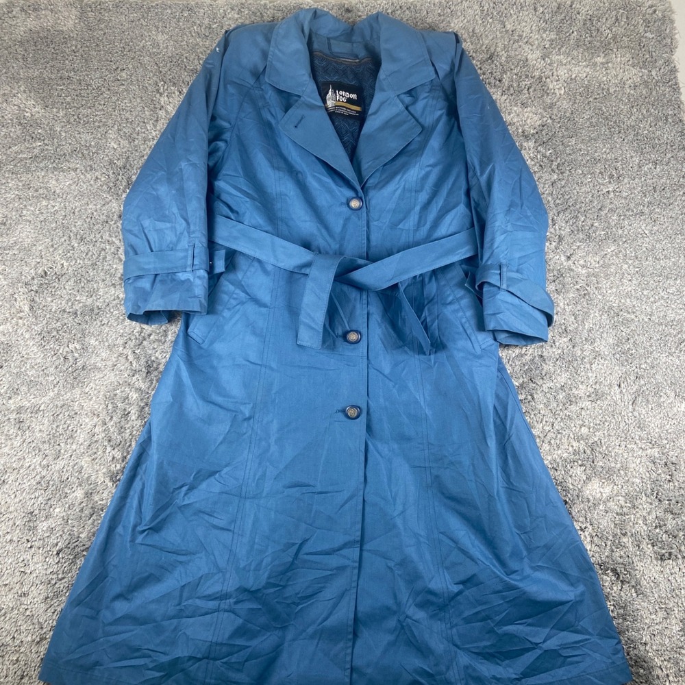 Vintage London Fog Trench Coat Womens 10‎ Pet Blue Belted Rain Jacket Lined USA